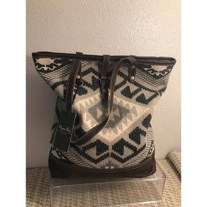 BOHO Vintage MYRA Genuine Leather & Aztec Pattern Repurposed Rug Tote Bag